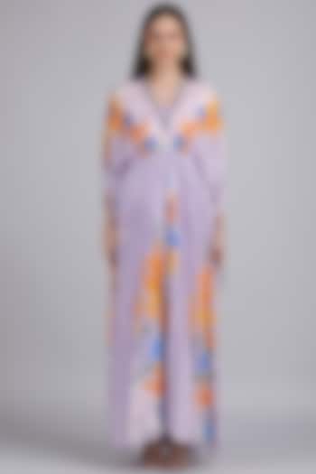 Muted Lavender Chiffon Printed & Embroidered Kaftan by Mandira Wirk - Resort at Pernia's Pop Up Shop