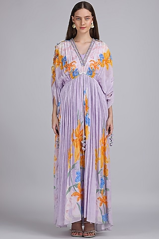 Muted Lavender Chiffon Printed & Embroidered Kaftan by Mandira Wirk - Resort