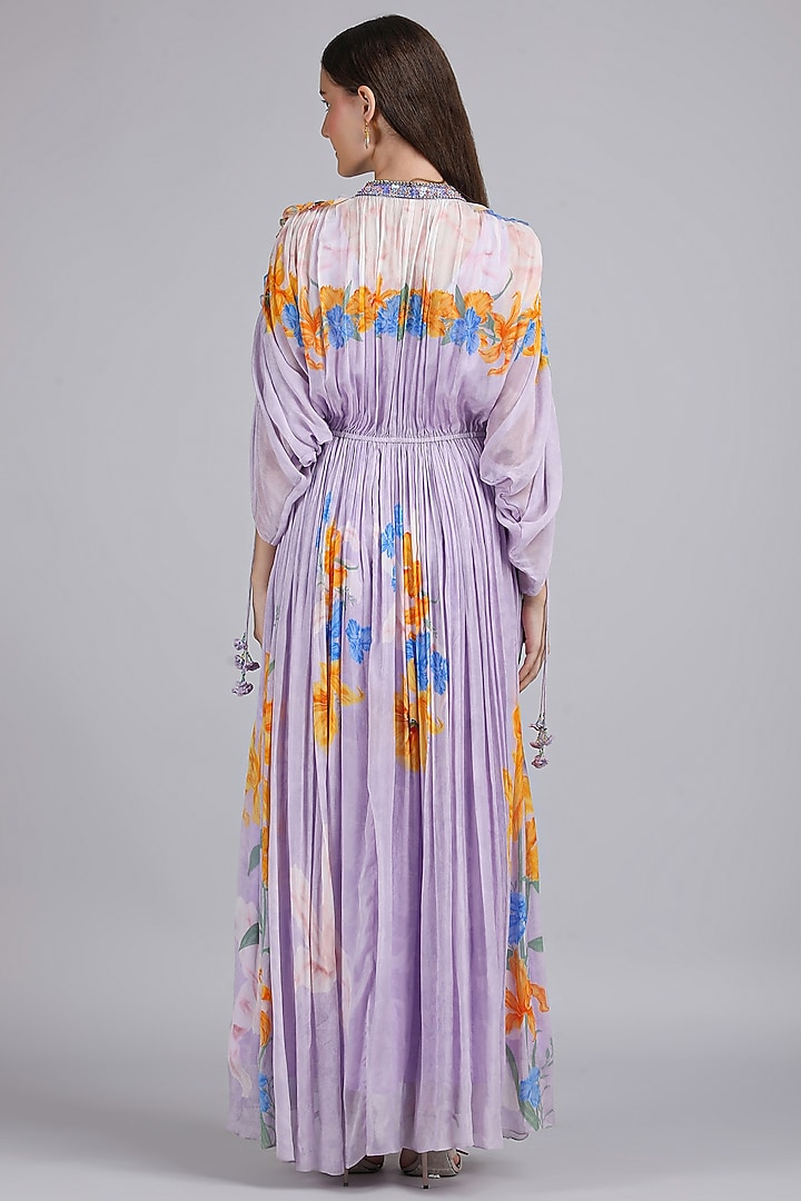 Muted Lavender Chiffon Printed & Embroidered Kaftan by Mandira Wirk - Resort at Pernia's Pop Up Shop
