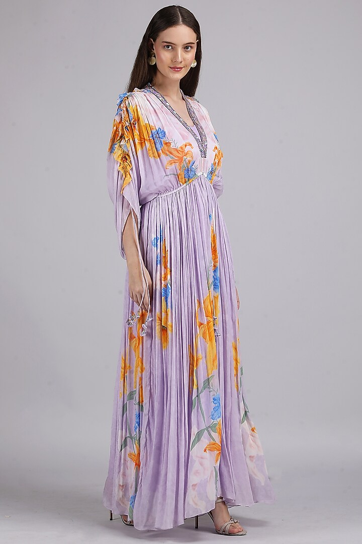 Muted Lavender Chiffon Printed & Embroidered Kaftan by Mandira Wirk - Resort at Pernia's Pop Up Shop