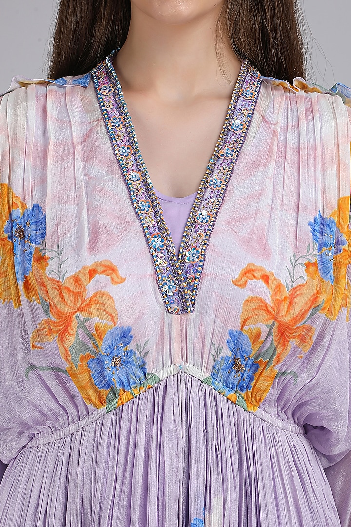 Muted Lavender Chiffon Printed & Embroidered Kaftan by Mandira Wirk - Resort at Pernia's Pop Up Shop
