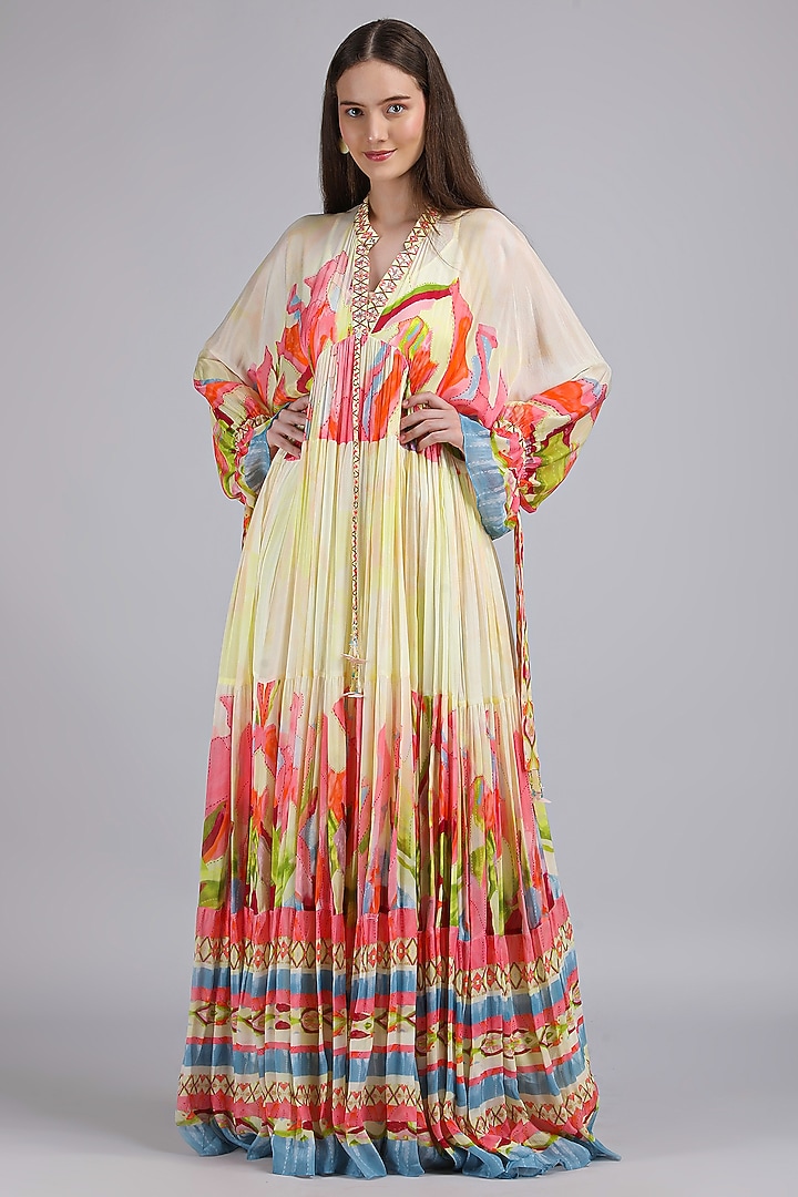Multi-COlored Chiffon Printed & Embroidered Kaftan by Mandira Wirk - Resort at Pernia's Pop Up Shop