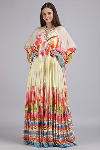 Multi-COlored Chiffon Printed & Embroidered Kaftan by Mandira Wirk - Resort
