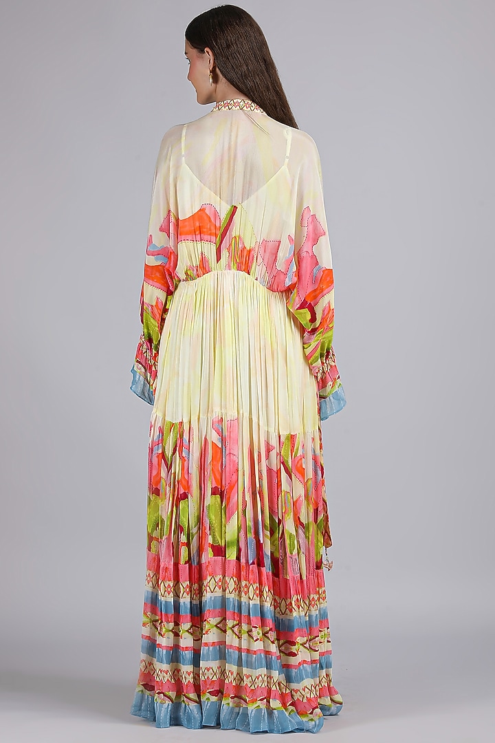 Multi-COlored Chiffon Printed & Embroidered Kaftan by Mandira Wirk - Resort at Pernia's Pop Up Shop