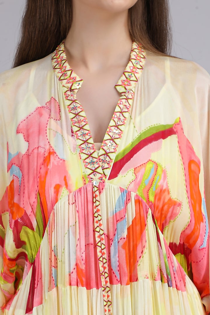 Multi-COlored Chiffon Printed & Embroidered Kaftan by Mandira Wirk - Resort at Pernia's Pop Up Shop