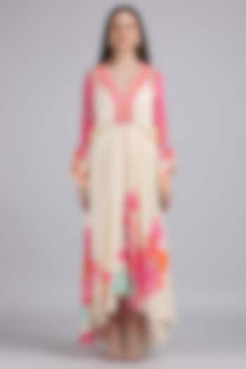 Ivory Chiffon Printed & Embroidered Kaftan Vacation Dress by Mandira Wirk - Resort at Pernia's Pop Up Shop