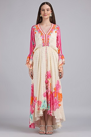 Ivory Chiffon Printed & Embroidered Kaftan Dress by Mandira Wirk - Resort