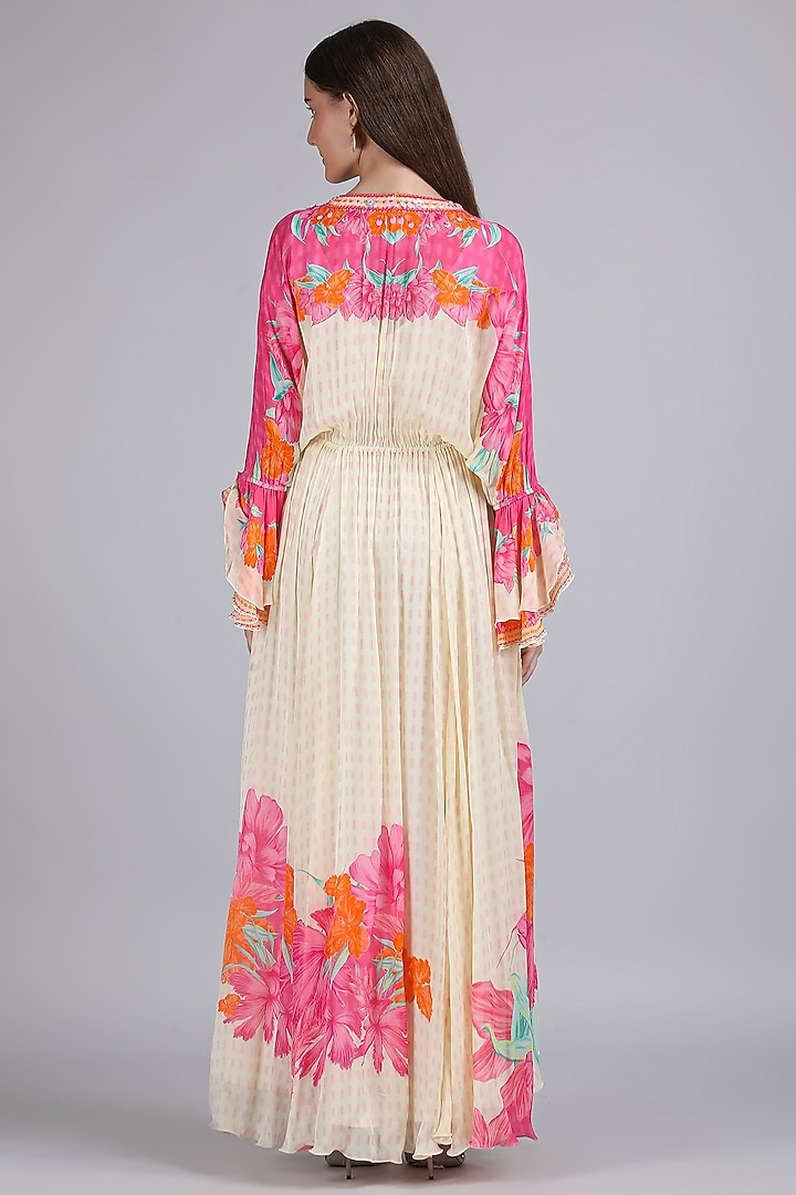 Ivory Chiffon Printed & Embroidered Kaftan Vacation Dress by Mandira Wirk - Resort at Pernia's Pop Up Shop