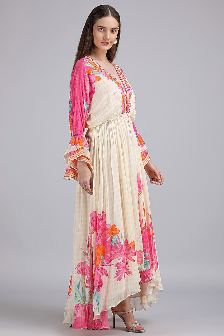 Ivory Chiffon Printed & Embroidered Kaftan Vacation Dress by Mandira Wirk - Resort at Pernia's Pop Up Shop