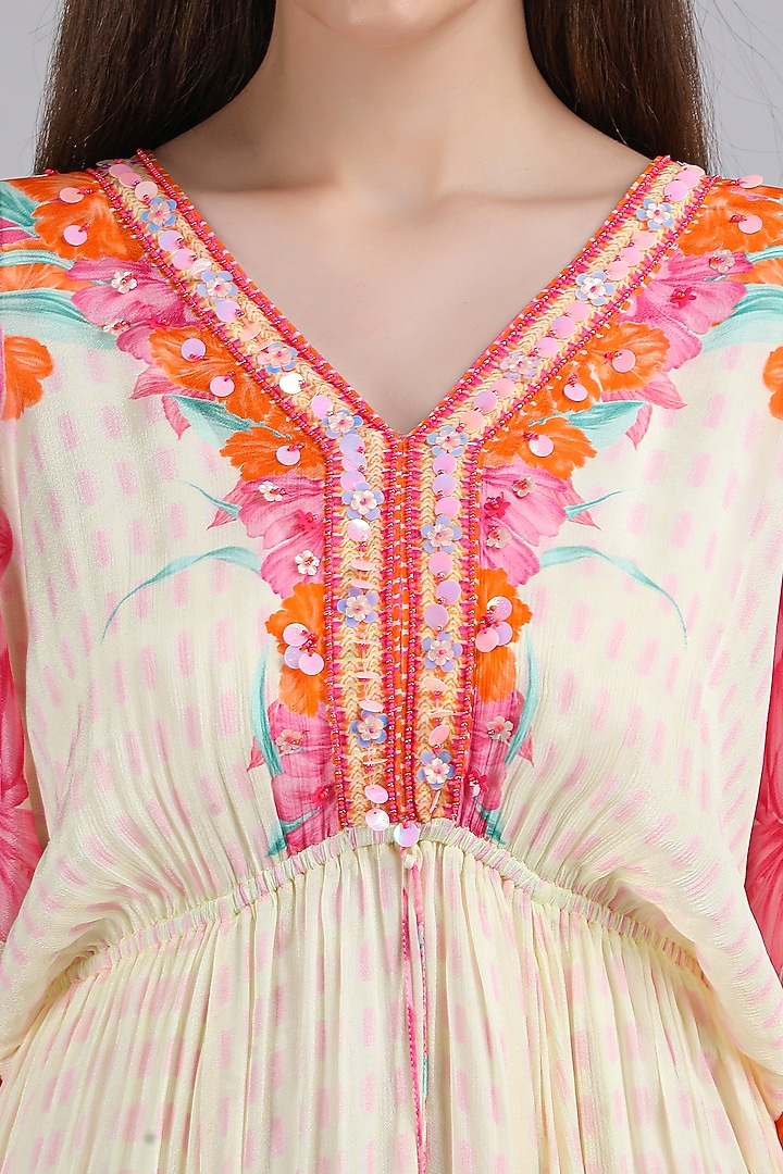 Ivory Chiffon Printed & Embroidered Kaftan Vacation Dress by Mandira Wirk - Resort at Pernia's Pop Up Shop