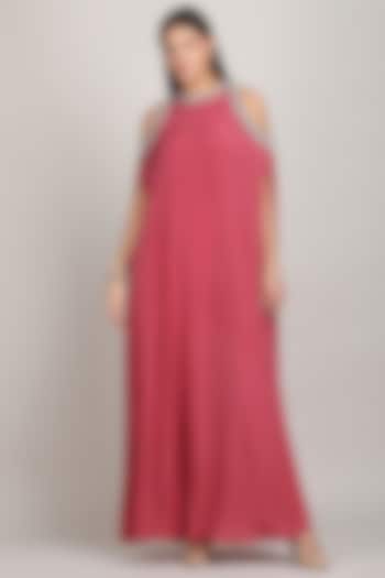 Dusky Rose Silk Luxe Crepe Embroidered Kaftan by Mandira Wirk - Resort at Pernia's Pop Up Shop