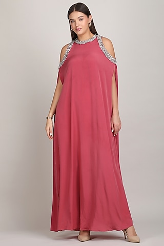 Dusky Rose Silk Luxe Crepe Embroidered Kaftan by Mandira Wirk - Resort
