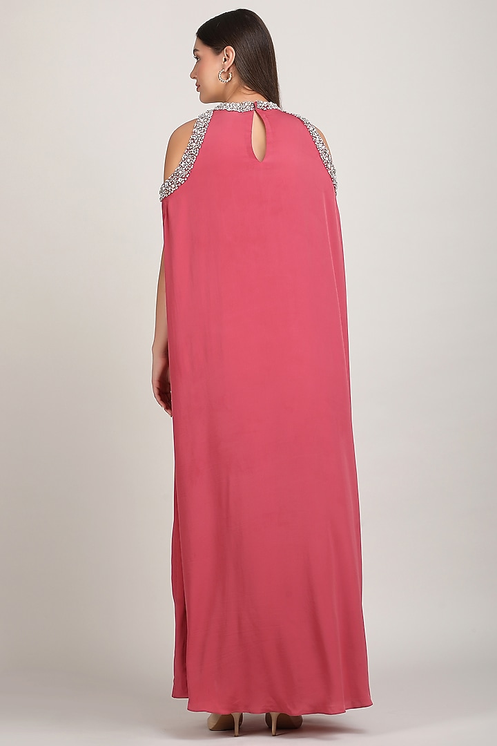 Dusky Rose Silk Luxe Crepe Embroidered Kaftan by Mandira Wirk - Resort at Pernia's Pop Up Shop