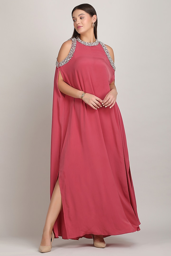Dusky Rose Silk Luxe Crepe Embroidered Kaftan by Mandira Wirk - Resort at Pernia's Pop Up Shop