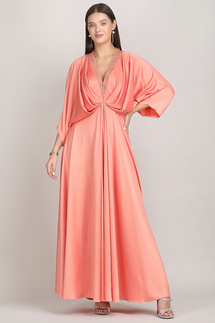 Peach Silk Luxe Crepe Embroidered Draped Kaftan by Mandira Wirk - Resort at Pernia's Pop Up Shop