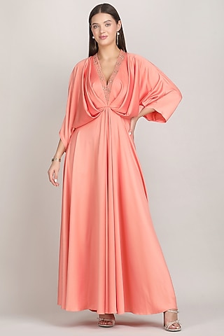 Peach Silk Luxe Crepe Embroidered Draped Kaftan by Mandira Wirk - Resort