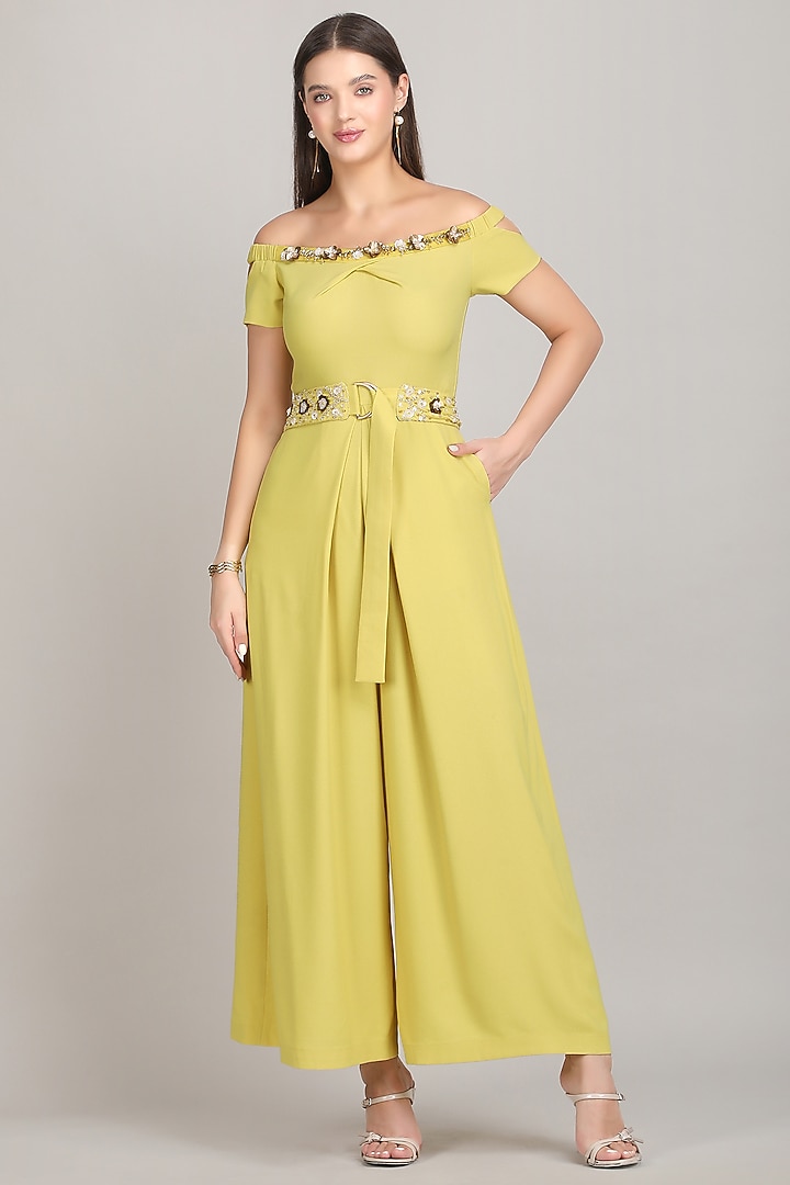 Yellow Crepe Embroidered Off-Shoulder Jumpsuit by Mandira Wirk - Resort at Pernia's Pop Up Shop