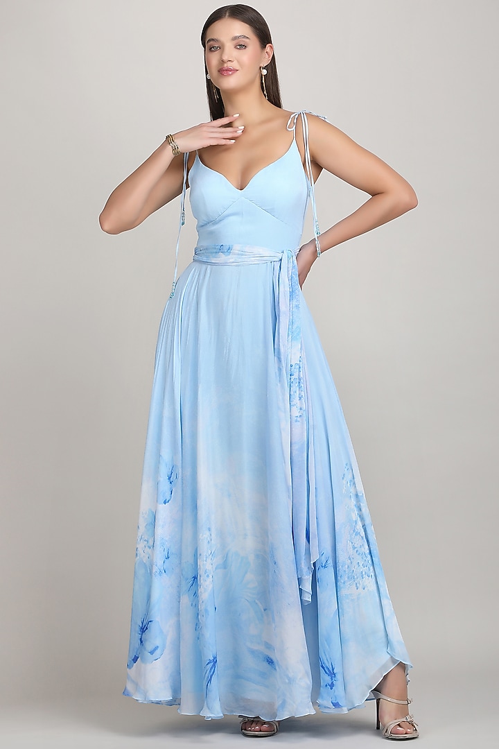 Blue Chiffon Embroidered Vacation Dress by Mandira Wirk - Resort at Pernia's Pop Up Shop