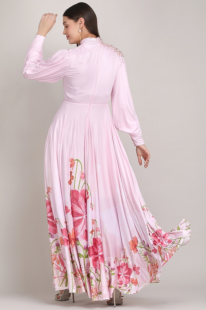Pink Silk Jersey Printed & Embroidered Cocktail Dress by Mandira Wirk - Resort at Pernia's Pop Up Shop