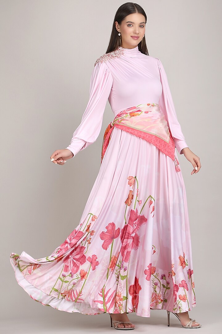 Pink Silk Jersey Printed & Embroidered Cocktail Dress by Mandira Wirk - Resort at Pernia's Pop Up Shop