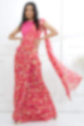 Fuchsia Chiffon Digital Printed Ruffled Saree Set by Mandira Wirk at Pernia's Pop Up Shop