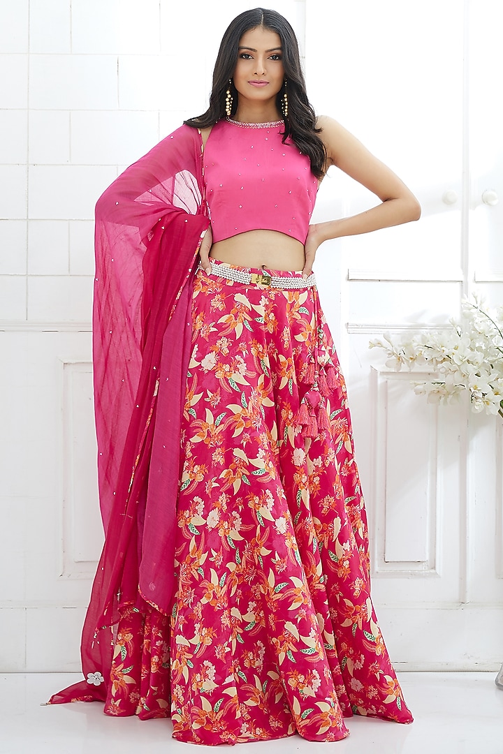 Fuchsia Embroidered & Printed Wedding Lehenga Set by Mandira Wirk - Indian at Pernia's Pop Up Shop