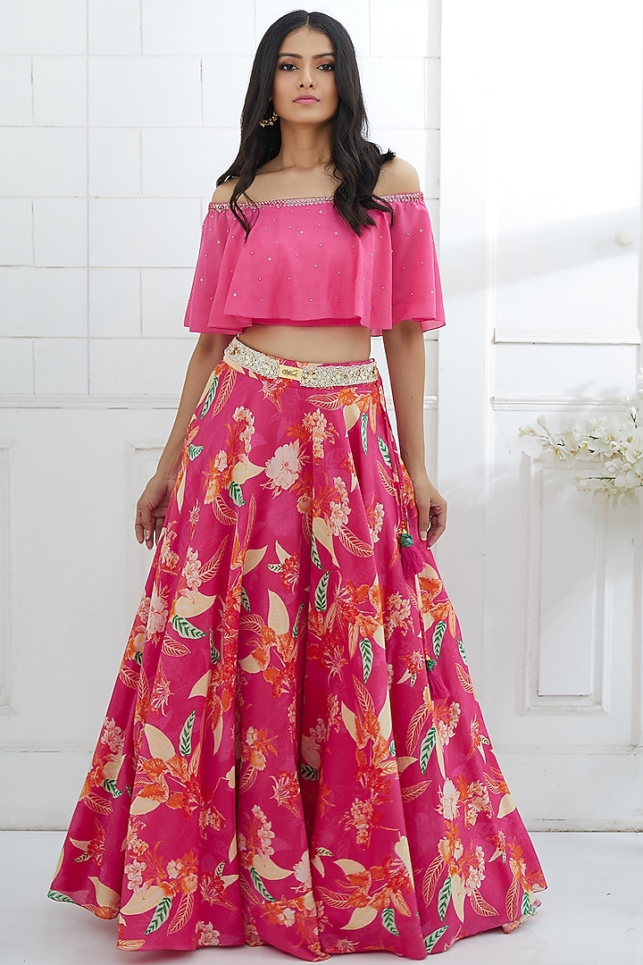 Fuchsia Embroidered Top With Printed Lehenga Design by Mandira Wirk at ...