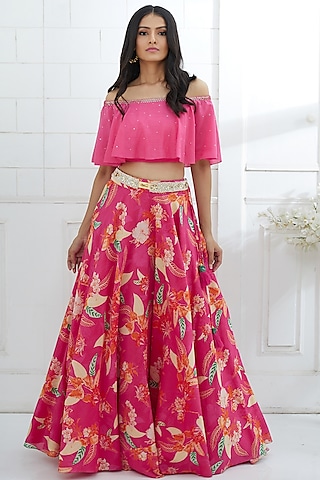 Fuchsia Embroidered Top With Printed Lehenga by Mandira Wirk - Indian