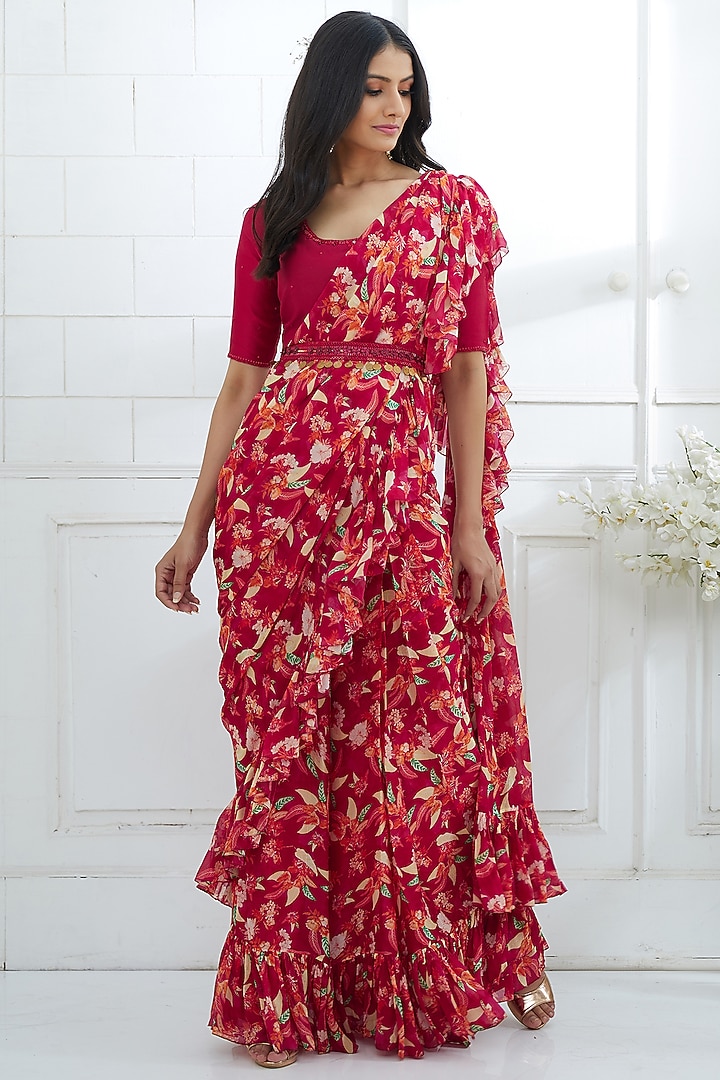 Rani Pink Chiffon Digital Printed Ruffled Wedding Saree Set by Mandira Wirk - Indian at Pernia's Pop Up Shop