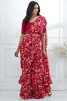 Rani Pink Embroidered & Printed Saree Set Design by Mandira Wirk at ...