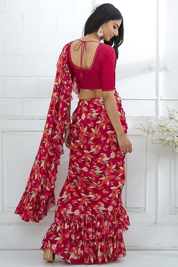 Rani Pink Chiffon Digital Printed Ruffled Wedding Saree Set by Mandira Wirk - Indian at Pernia's Pop Up Shop
