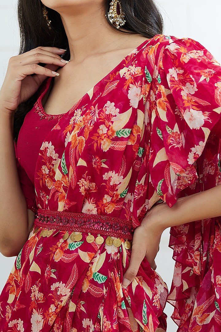 Rani Pink Chiffon Digital Printed Ruffled Wedding Saree Set by Mandira Wirk - Indian at Pernia's Pop Up Shop