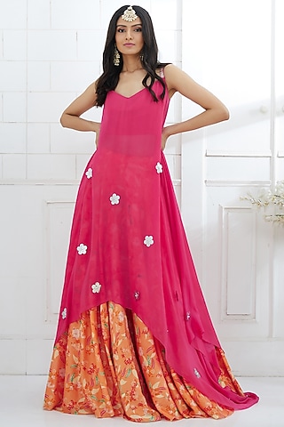 Fuchsia Embroidered Tunic With Printed Lehenga by Mandira Wirk - Indian
