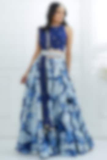 Blue Embroidered & Printed Wedding Lehenga Set by Mandira Wirk at Pernia's Pop Up Shop