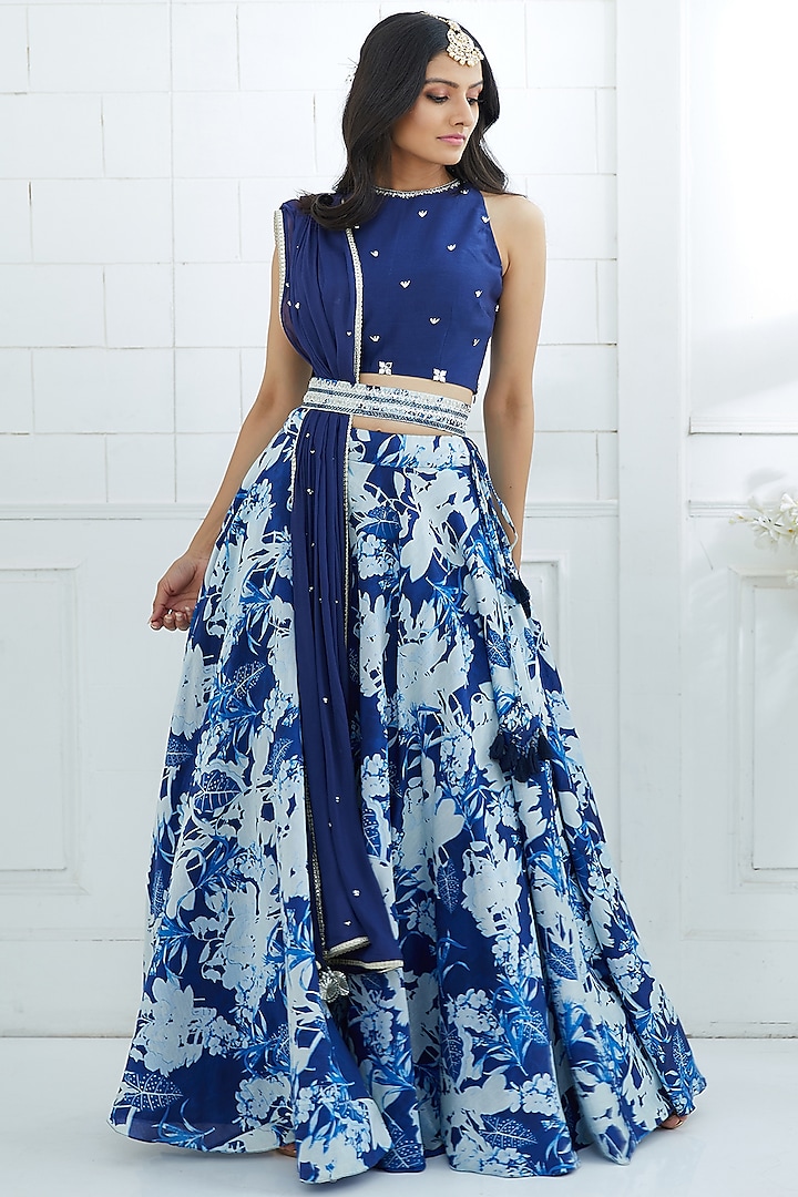 Blue Embroidered & Printed Wedding Lehenga Set by Mandira Wirk at Pernia's Pop Up Shop