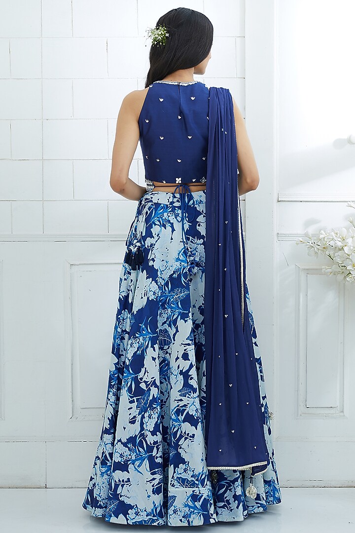 Blue Embroidered & Printed Wedding Lehenga Set by Mandira Wirk - Indian at Pernia's Pop Up Shop