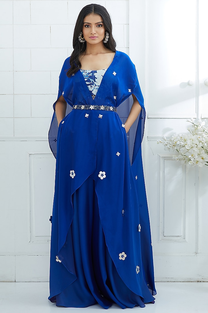 Blue Embroidered Cape With Pants & Printed Blouse by Mandira Wirk - Indian at Pernia's Pop Up Shop