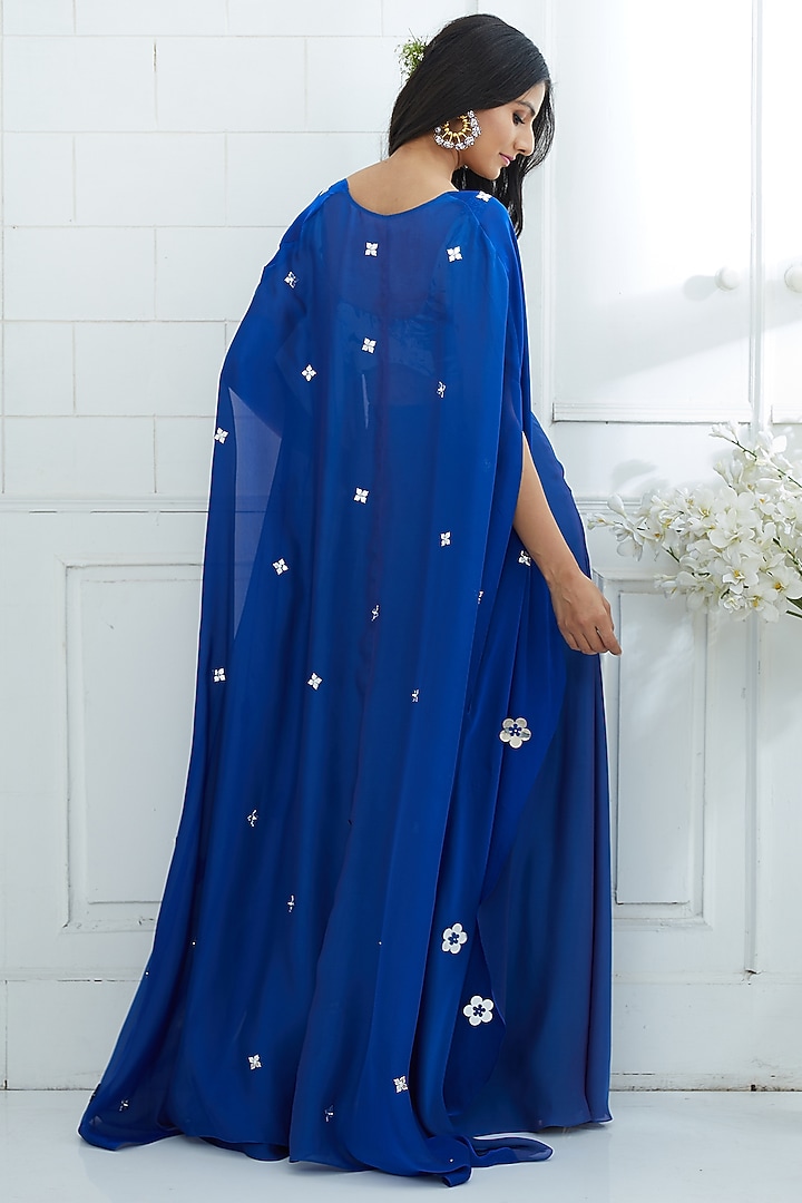 Blue Embroidered Cape With Pants & Printed Blouse by Mandira Wirk - Indian at Pernia's Pop Up Shop