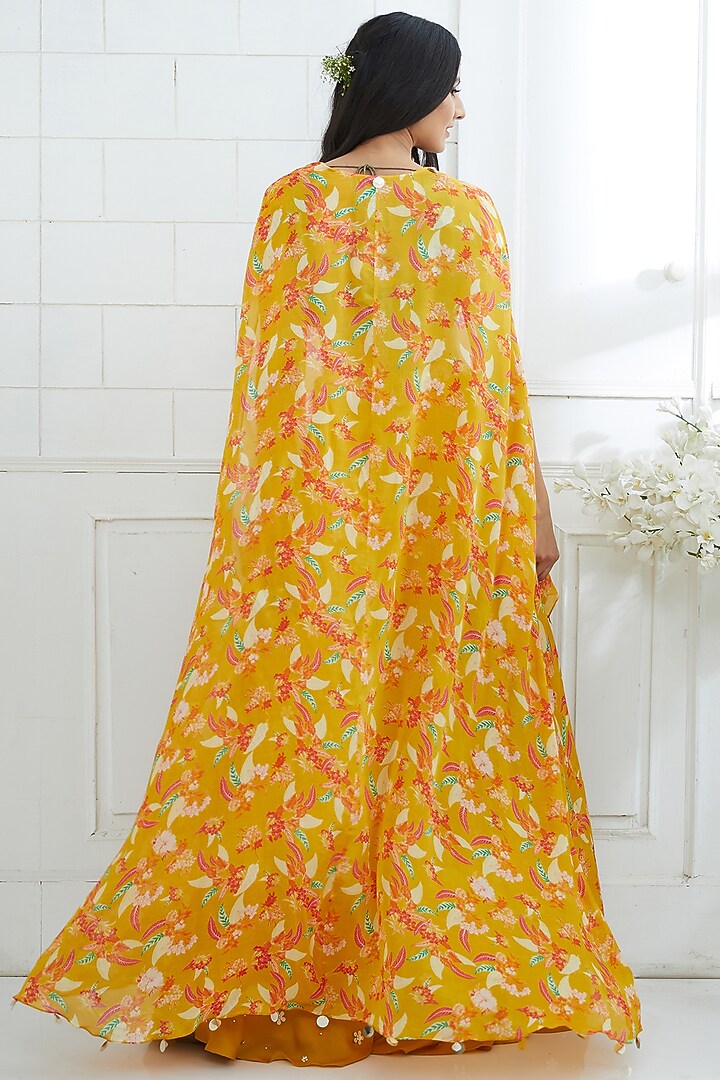Mustard Satin Sequins Embroidered Jacket Wedding Lehenga Set by Mandira Wirk - Indian at Pernia's Pop Up Shop