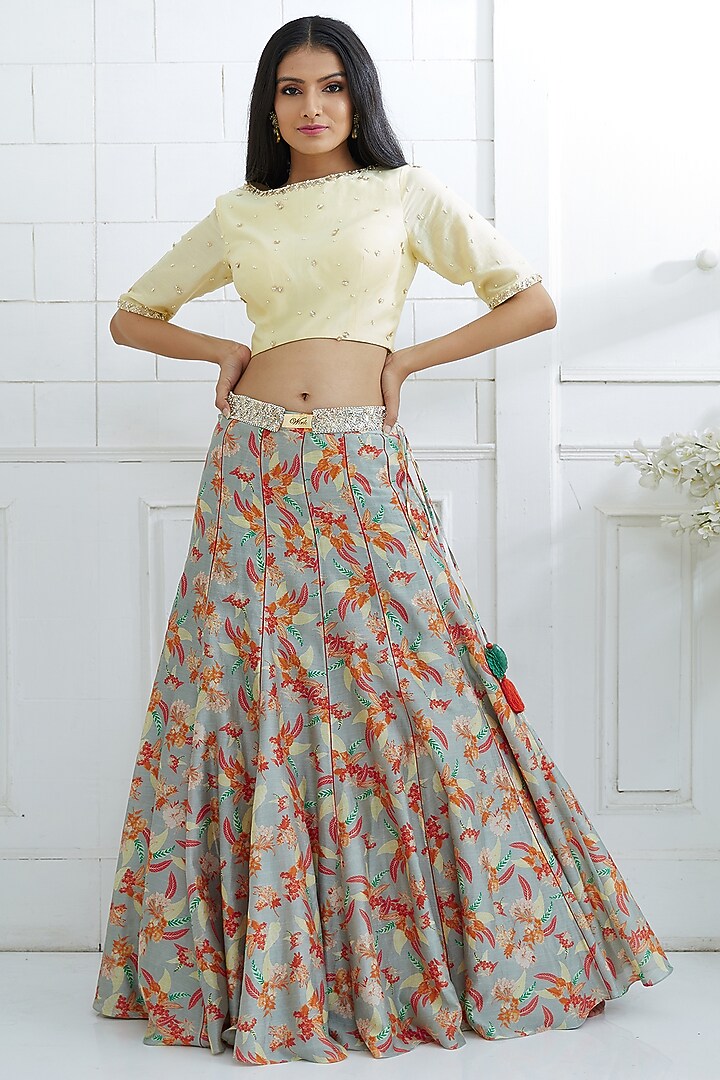 Pale Yellow Embroidered & Printed Wedding Lehenga Set by Mandira Wirk - Indian at Pernia's Pop Up Shop