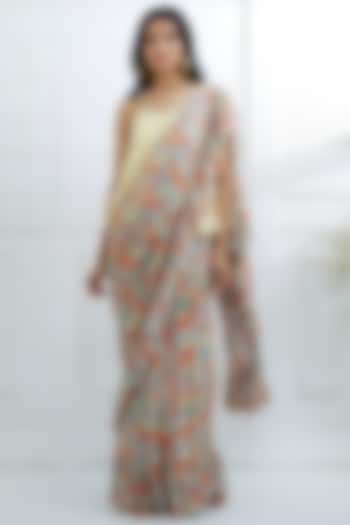 Grey Chiffon Ruffled Digital Printed Ruffled Saree Set by Mandira Wirk