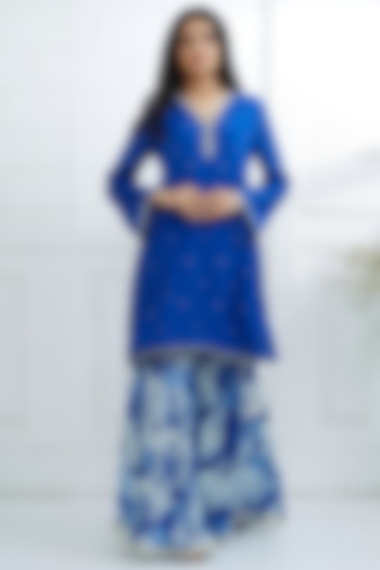 Royal Blue Embroidered Kurta With Printed Sharara Pants by Mandira Wirk