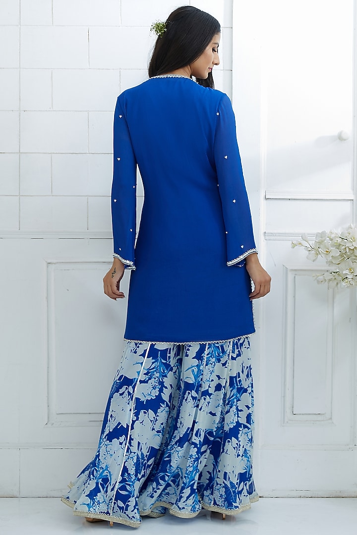 Royal Blue Embroidered Kurta With Printed Wedding Sharara Pants by Mandira Wirk - Indian at Pernia's Pop Up Shop