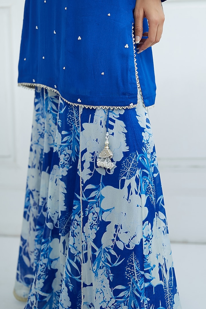 Royal Blue Embroidered Kurta With Printed Wedding Sharara Pants by Mandira Wirk - Indian at Pernia's Pop Up Shop