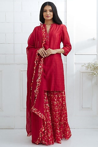 Red Embroidered & Printed Sharara Set by Mandira Wirk - Indian