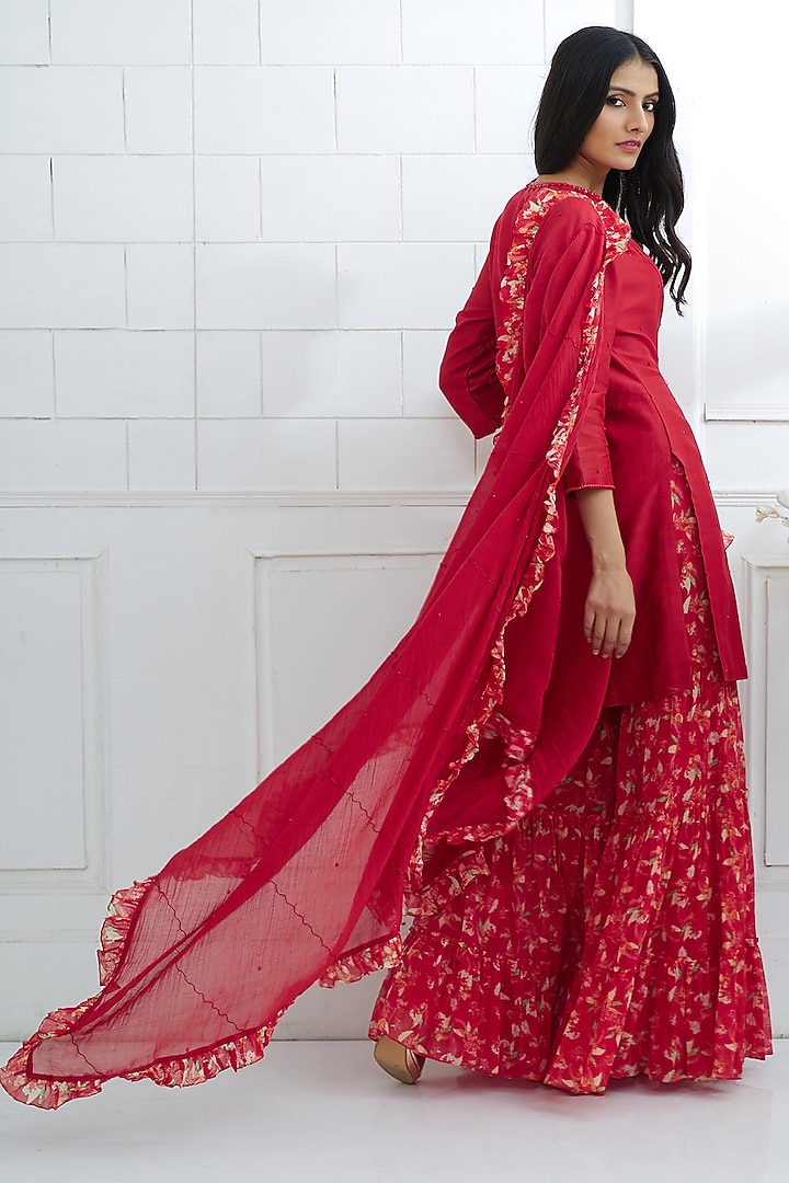 Red Embroidered & Printed Wedding Sharara Set by Mandira Wirk - Indian at Pernia's Pop Up Shop