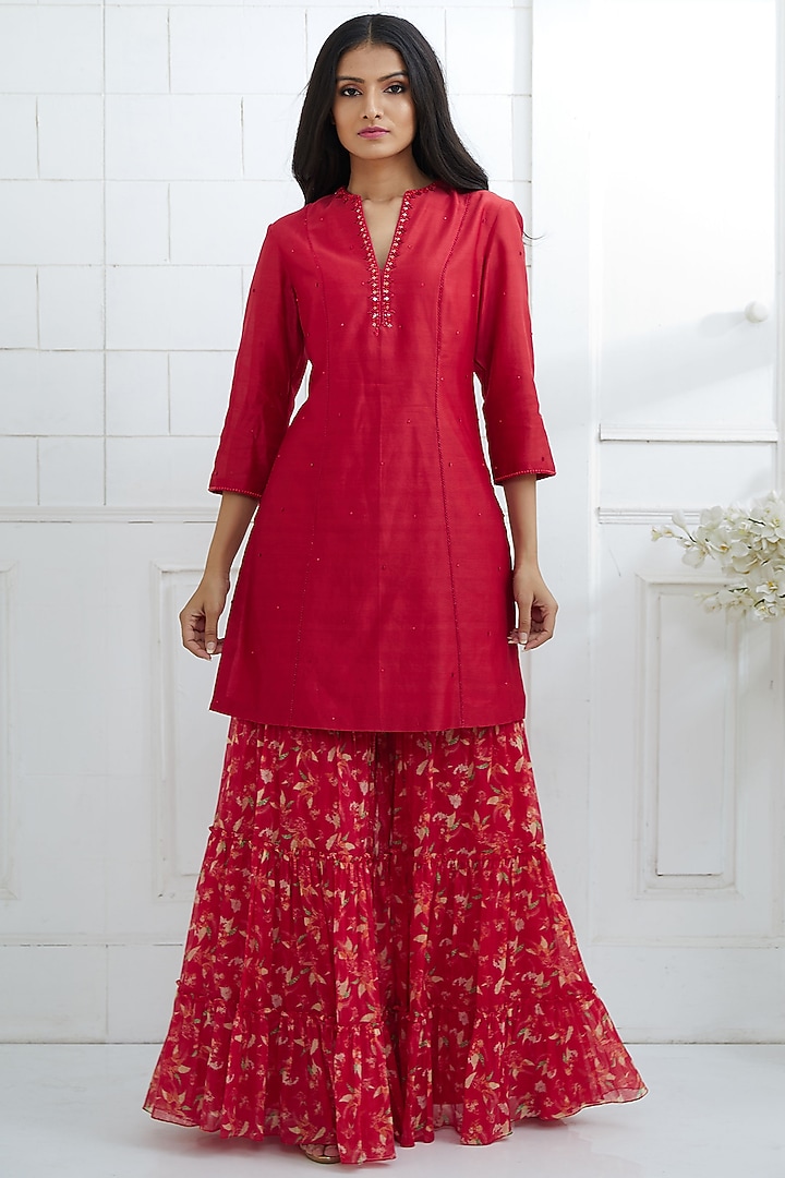 Red Embroidered & Printed Wedding Sharara Set by Mandira Wirk - Indian at Pernia's Pop Up Shop