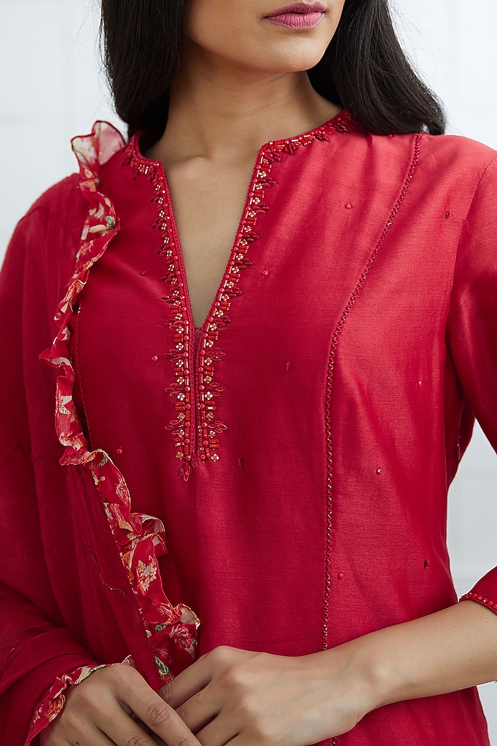 Red Embroidered & Printed Wedding Sharara Set by Mandira Wirk - Indian at Pernia's Pop Up Shop