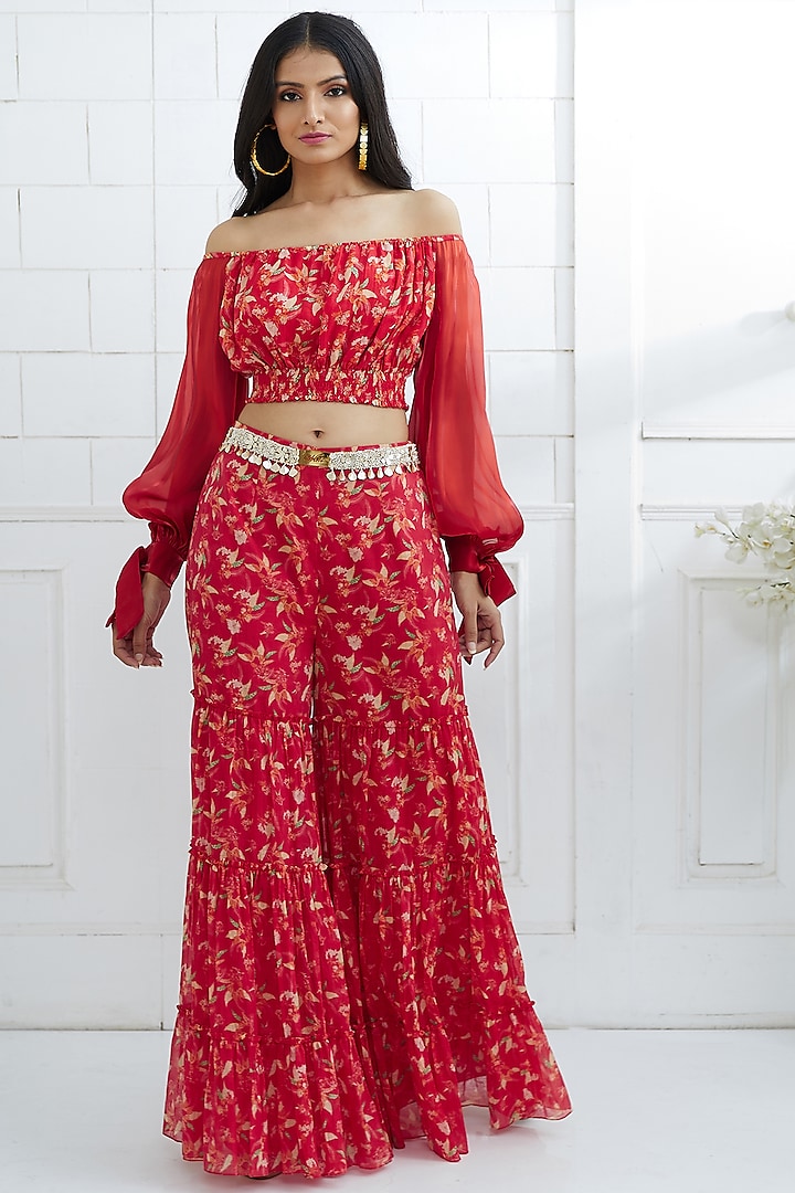 Red Printed Top With Tiered Sharara Pants by Mandira Wirk