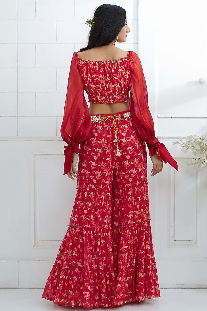Red Printed Top With Tiered Wedding Sharara Pants by Mandira Wirk - Indian at Pernia's Pop Up Shop